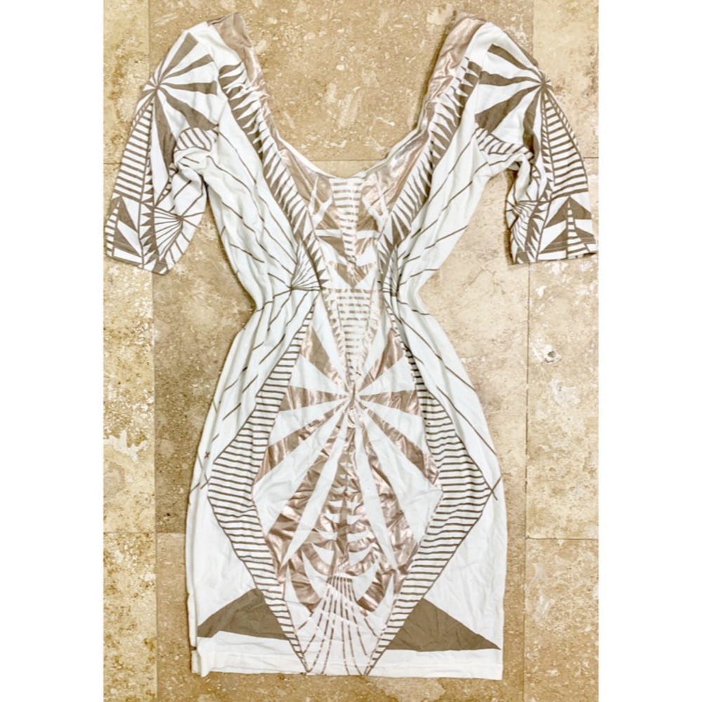 Poof!™ Cream Bronze Aztec Long Sleeve Dress (S/M)